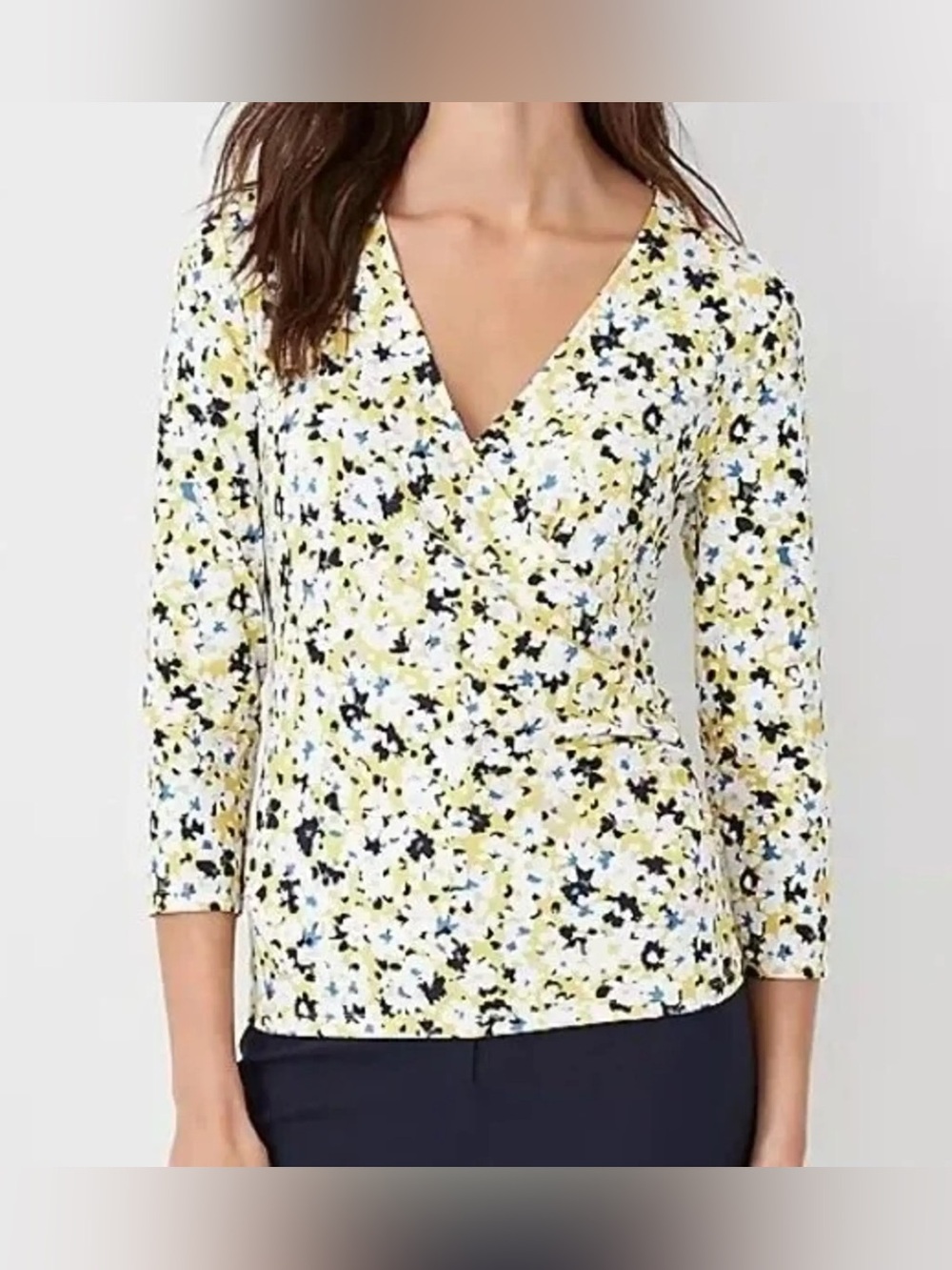 Ann Taylor Floral Faux-Wrap Surplice Ruched Top – Size Medium